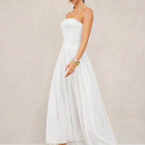 White Boho Women's Beach Vacation Long Dress With Bandeau Top - Picture 5 of 7